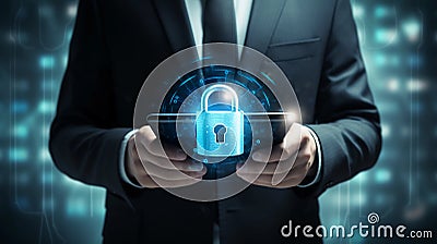 Cybersecurity and Data Protection Businessman Utilizing Secure Tablet Encryption Technology Stock Photo