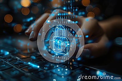 Cybersecurity and Data Protection Concept with Digital Lock and Binary Code. Stock Photo