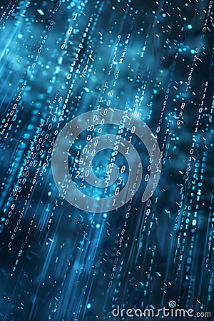 Cybersecurity data shield binary code rain. Generative AI Illustration. Stock Photo