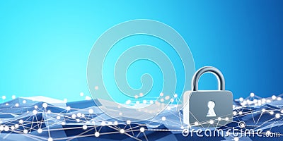 Cybersecurity design of padlock and network connection with copy space 3D render Stock Photo
