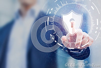 Cybersecurity of digital network systems with computer security engineer touching shield icon. Information technology protected Stock Photo
