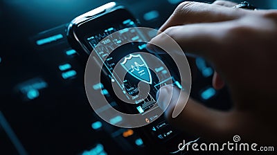 Cybersecurity engineer managing security on mobile device with futuristic interface Stock Photo