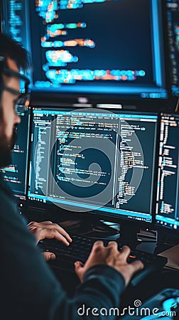 Cybersecurity experts analyzing code on multiple screens to identify and neutralize a new malware strain Stock Photo