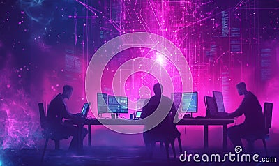 Cybersecurity experts analyzing data in neon-lit environment, coding, technology, teamwork Stock Photo
