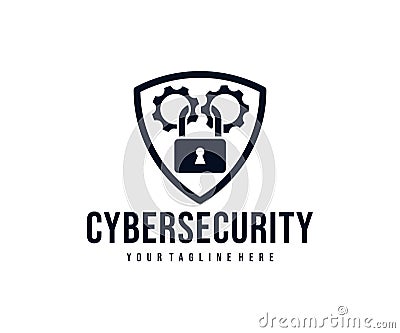 Cybersecurity, gears and lock in the shield, logo design. Security, network protection and personal data protection, vector design Vector Illustration