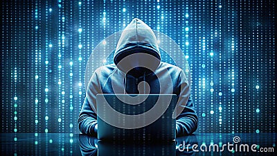 Cybersecurity Hacker Concept Hooded Figure with Laptop in Digital Matrix generative ai Stock Photo