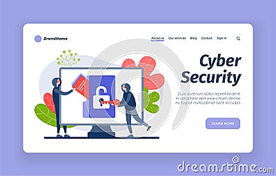 Cybersecurity from hackers. Digital hacking protection with blocking Vector Illustration
