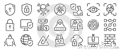 Cybersecurity icon set. It included hack, 2fa, data breach, biometric scan, and more icons. Editable Vector Stroke Vector Illustration