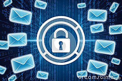 Cybersecurity image with central padlock icon, floating envelopes, binary code backdrop Stock Photo