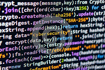 Cybersecurity. The image shows lines of computer code or binary data written in a script or file Stock Photo