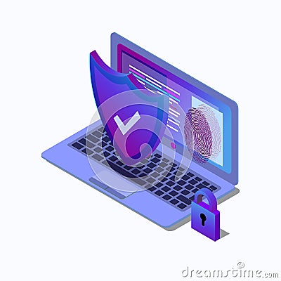 Cybersecurity isometric icon, data security concept, protected computer network, shield with laptop, safety cloud Vector Illustration