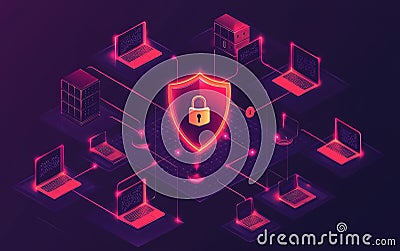 Cybersecurity network design featuring multiple laptops and a central shield icon symbolizing data protection Stock Photo