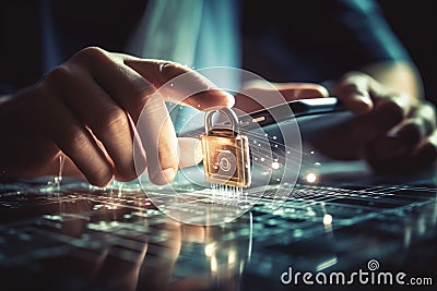 Cybersecurity Padlock, Digital Lock on Technology Network Data Protection cyber securitym, locker created, private Stock Photo