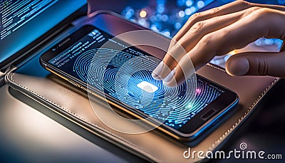 cybersecurity of personal data safety, mobile smartphone using biometric finger print and Two-factor authentication app login Cartoon Illustration
