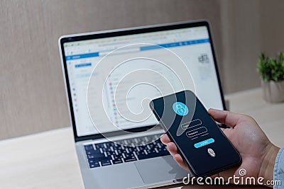 Cybersecurity privacy Internet Phone in Futuristic protect password two factor Authentication and Encryption Stock Photo