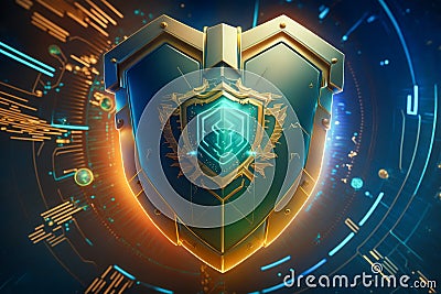 Cybersecurity Shield in Futuristic Digital Space with Neon Hues, Intricate Circuitry Patterns, and Holographic Data Stock Photo