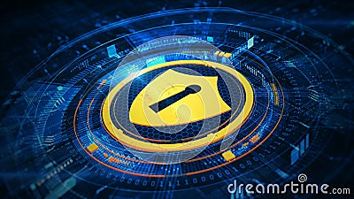 Cybersecurity shield icon with a keyhole, displayed on a blue hexagonal grid. Ideal for illustrating data protection, encryption, Stock Photo
