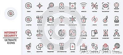 Online security trendy red black thin line icons set, cybersecurity system and hosting on server, data update. Vector Illustration