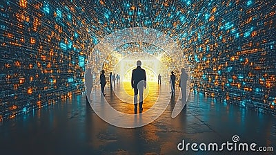cybersecurity team exploring digital landscape filled with data streams, representing future of technology and security. scene Stock Photo