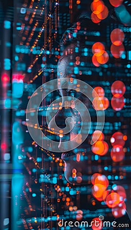 Cybersecurity tech digital animation, code running, database scanning in network data Stock Photo