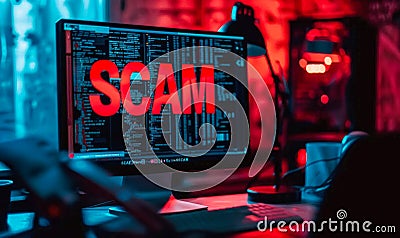 Cybersecurity threat concept with the word SCAM in bold red letters on a computer screen, signifying internet fraud, hacking Stock Photo