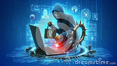 Cybersecurity Threat with Hacker and Computer Elements Stock Photo