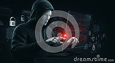Cybersecurity threats: robot hacker manipulating data on a laptop in a dark environment Stock Photo