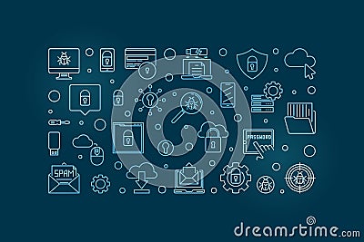 Cybersecurity vector concept blue outline horizontal banner Vector Illustration