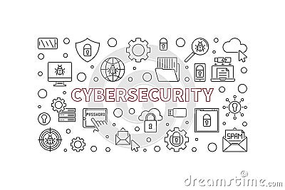 Cybersecurity vector concept outline horizontal illustration Vector Illustration