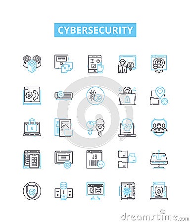 Cybersecurity vector line icons set. Cybersecurity, Cyberdefense, Cyberattack, Network Security, Encryption, Firewalls Cartoon Illustration