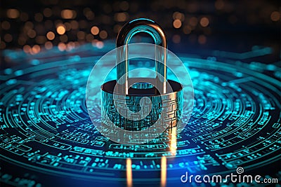 Cybersecuritys binary code concept mirrored in the blue keylock design Stock Photo
