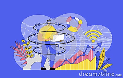 Cyberspace management concept with modern flat design for web. Man interacts with virtual data dashboard system displays Cartoon Illustration