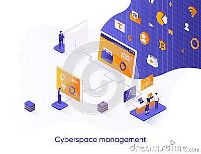 Cyberspace management isometric web banner. Network management software solution isometry concept. Operate and control cyber Cartoon Illustration
