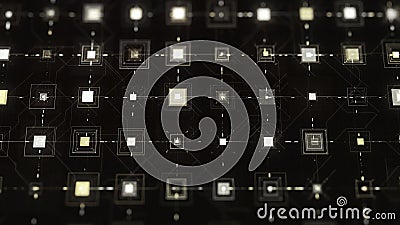 Cyberspace with pulsating squares. Animation. Pulsating shining squares are connected by lines along which strokes move Stock Photo