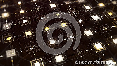 Cyberspace with pulsating squares. Animation. Pulsating shining squares are connected by lines along which strokes move Stock Photo