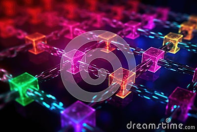 cyberspace world in 3D graphics. Numerous connected lines, dots, and polygons create geometric shapes that form a harmon Stock Photo