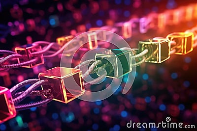 cyberspace world in 3D graphics. Numerous connected lines, dots, and polygons create geometric shapes that form a harmon Stock Photo