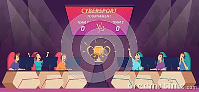 Cybersport competition. Viewers watching video game match on big screen tv cybersport arena vector cartoon background Vector Illustration
