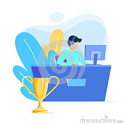 Cybersport player or gamer sitting at computer pc Vector Illustration