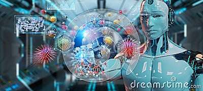 Cyborg creating and analyzing nanovirus 3D rendering Stock Photo