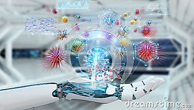 Cyborg creating and analyzing nanovirus 3D rendering Stock Photo