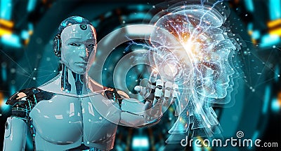 Cyborg using digital artificial intelligence holographic projection 3D rendering Stock Photo