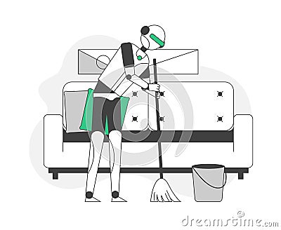 Cyborg Cleaner Sweeping Floor. Artificial Intelligence Helping in Housekeeping Domestic Chores and Housework Vector Illustration