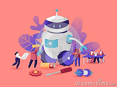 Cyborg Creating Process, Robotics Hobby. Characters Set Up Huge Robot. Artificial Intelligence Assembly Technology Vector Illustration