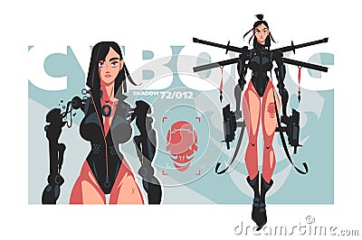 Cyborg or cyberpunk girl in exoskeleton Vector Illustration
