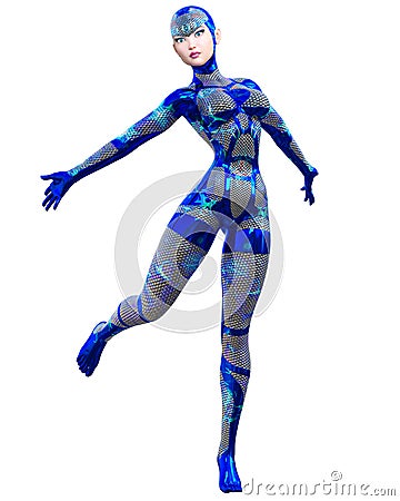 Cyborg droid robot woman futuristic metallic neon sui Cartoon Illustration