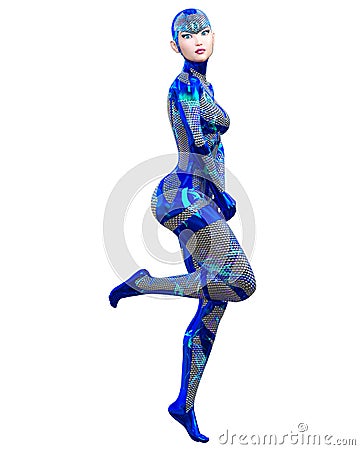 Cyborg droid robot woman futuristic metallic neon suit Cartoon Illustration