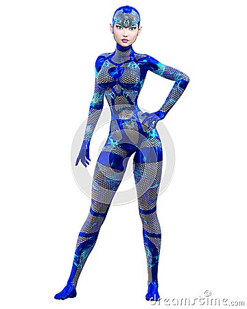 Cyborg droid robot woman futuristic metallic neon suit. Cartoon Illustration