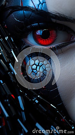 cyborg face with dark black metallic mask, agressive warrior with red eye and iris, generative ai Stock Photo
