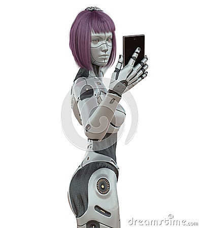 Cyborg girl with smartphone concept isolated on white background 3d illustration Cartoon Illustration